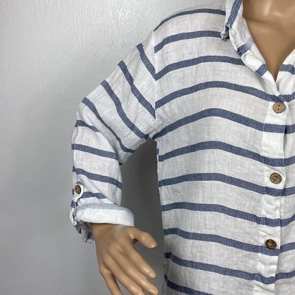 Viola Borghi Linen Blue White Stripes Button Up Tunic Blouse Size S - Picture 2 of 8
